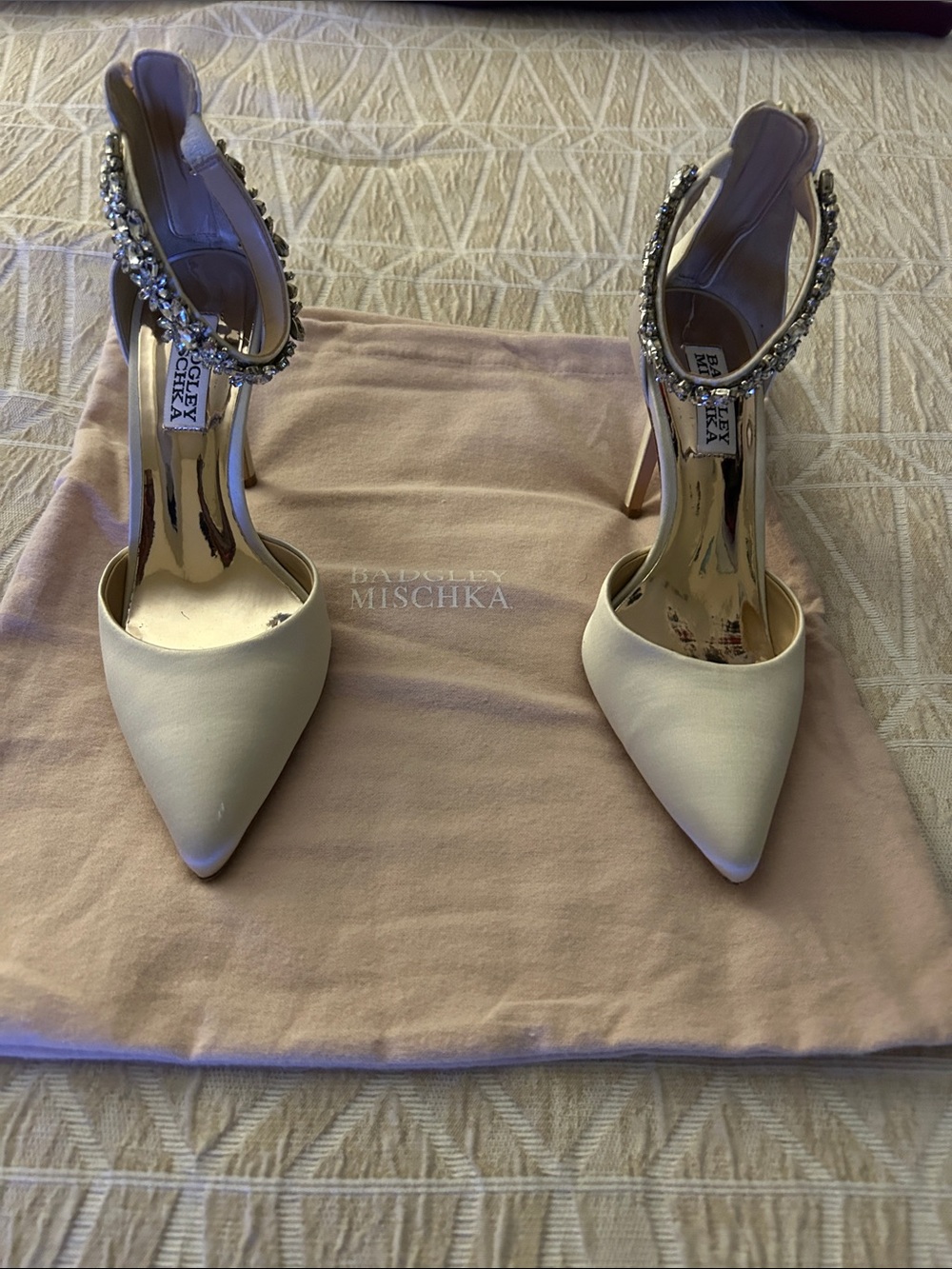 Badgley Mischka Ivory Crystal-Ankle Pointed Toe Pumps